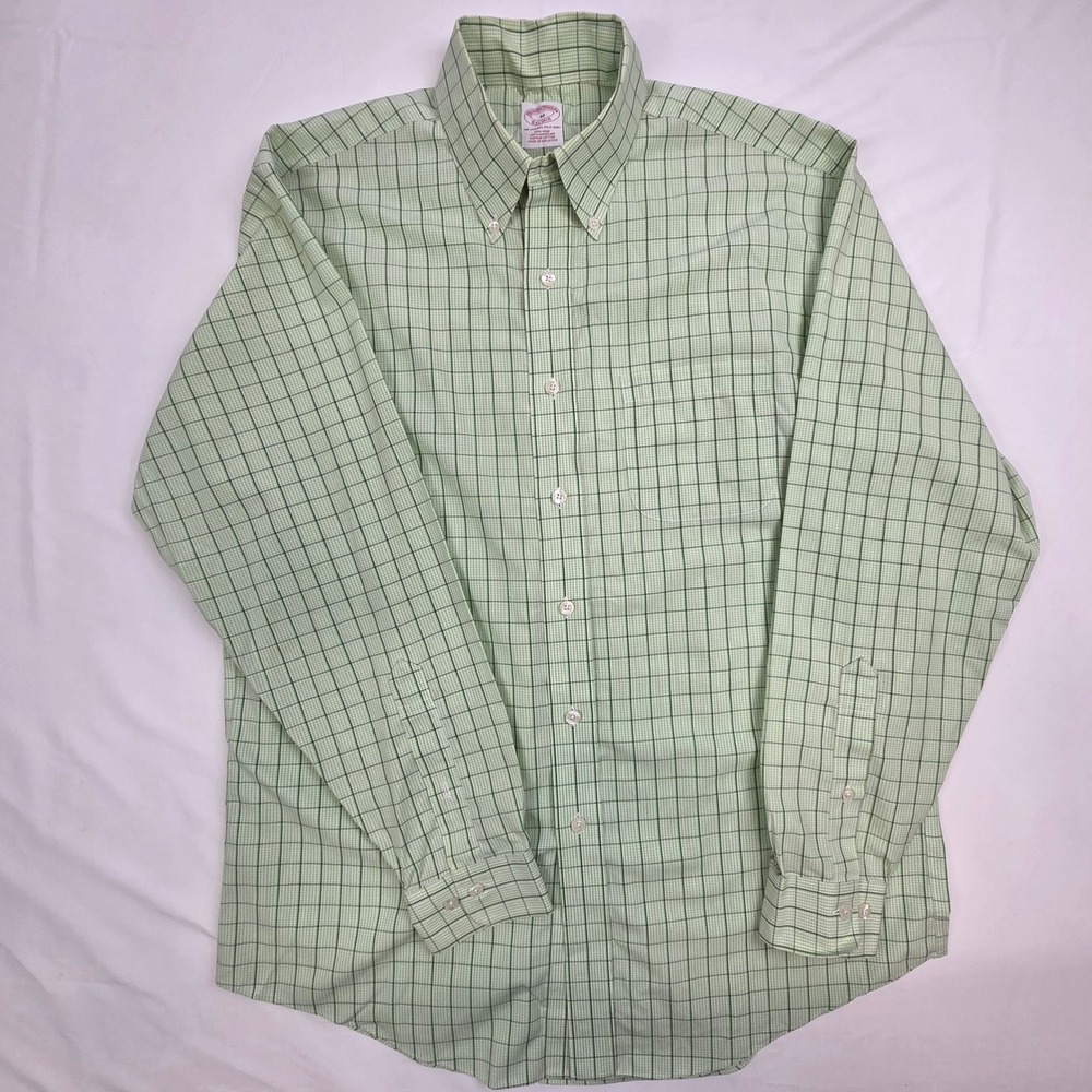 Brooks Brothers Mens Polo Shirt Size M Green Graph Check Non-Iron Supima Cotton